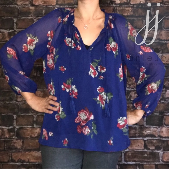 Lucky Brand Blue Sheer Peasant Blouse Floral Top - Picture 1 of 8